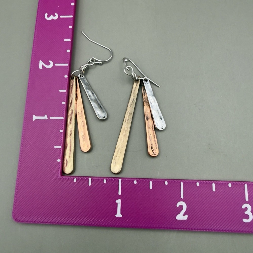 Artisan Mixed Metal Dangle Earrings Hammered Copper Brass Silver Tone Boho - Picture 5 of 7